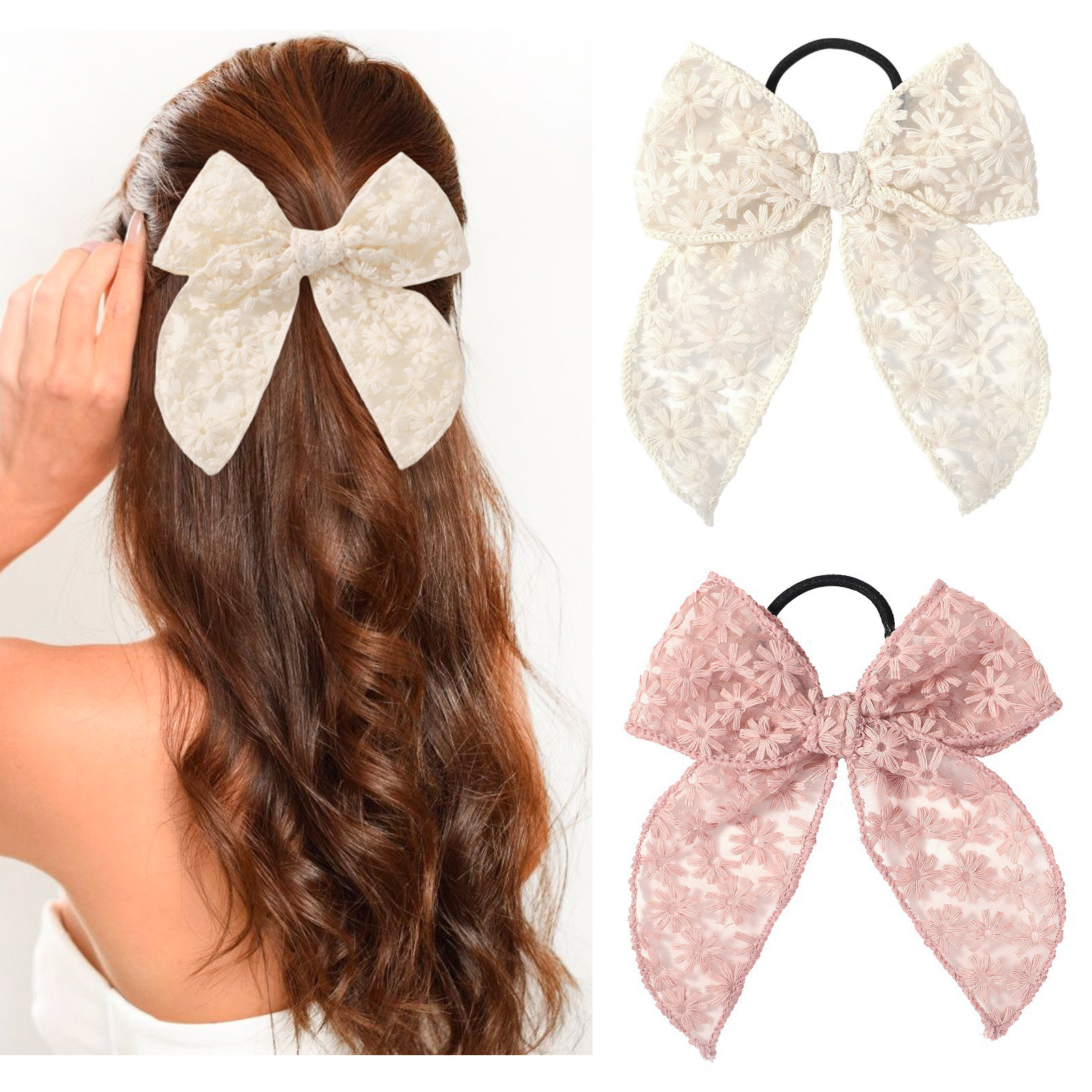 Elastic Lace Trim - Elegant Lace Bow Hair Tie for