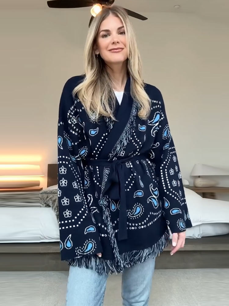 Tassel Fringe Trim - Elegant Print Tassel Cardigan Women Belt