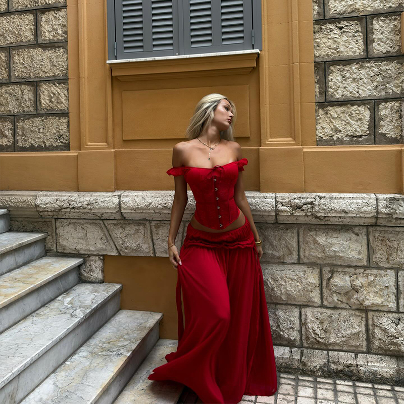 Chic Red Off Shoulder Corset T - đánh giá và giá Elastic Lace Trim