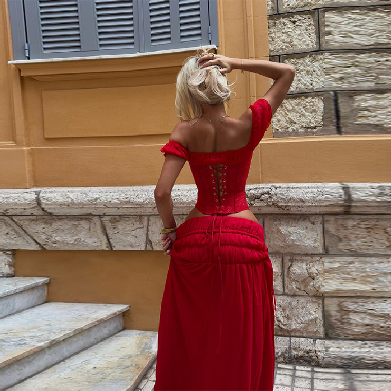 Chic Red Off Shoulder Corset T - đánh giá và giá Elastic Lace Trim