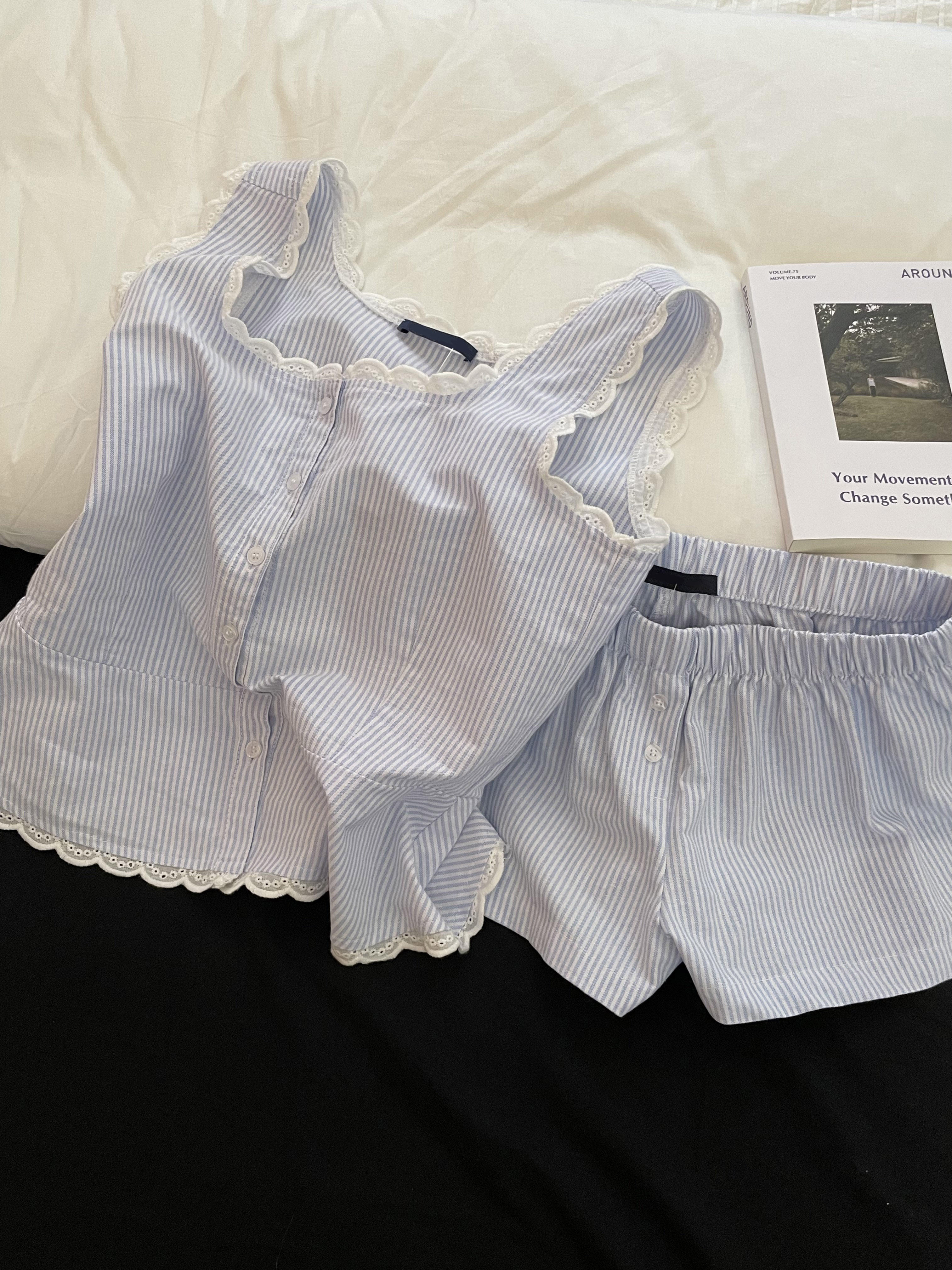 Blue Striped Shorts 2 Piece Se - đánh giá và giá Elastic Lace Trim