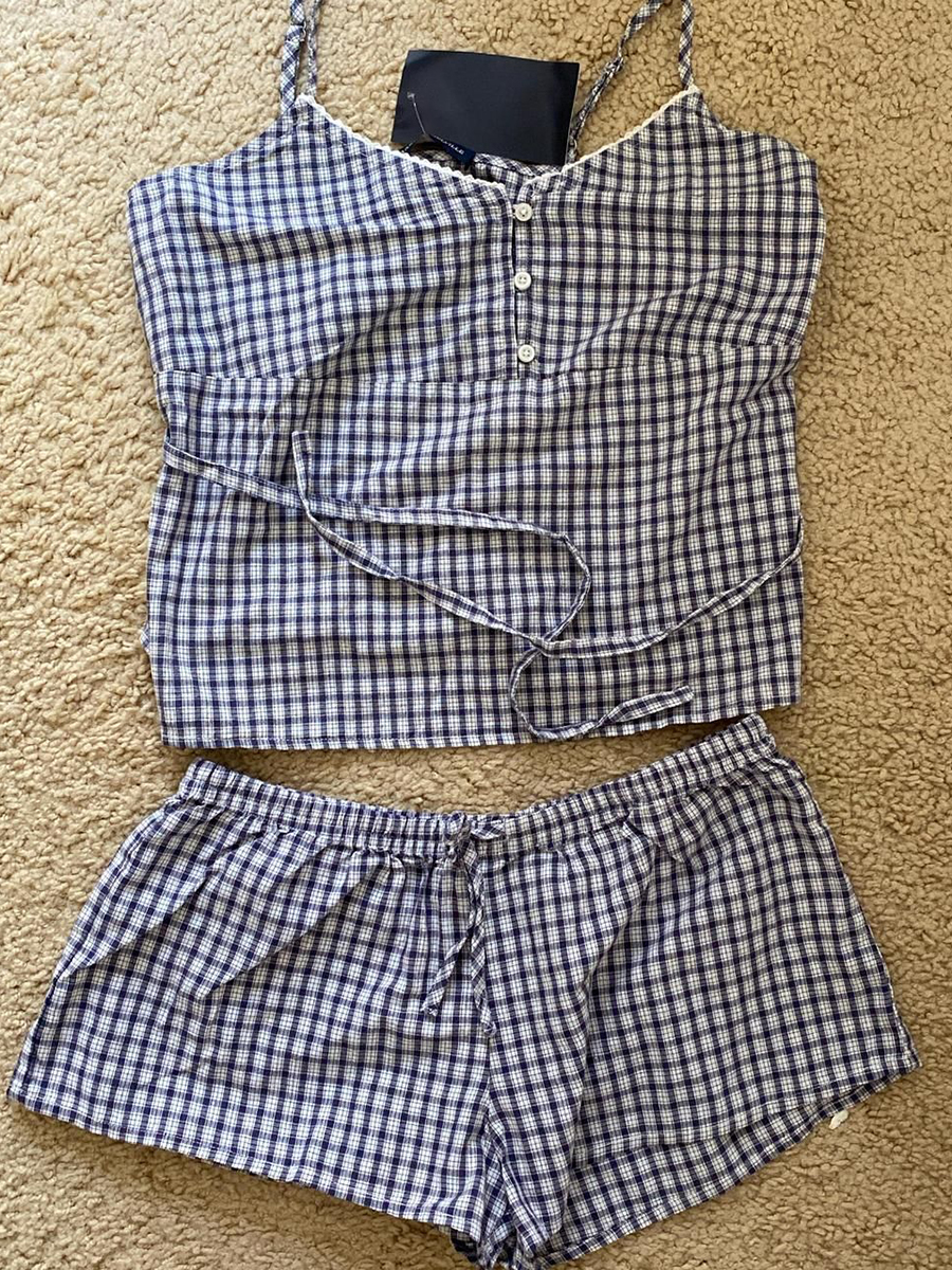 Navy Plaid Tank Shorts 2 Piece - đánh giá và giá Elastic Lace Trim