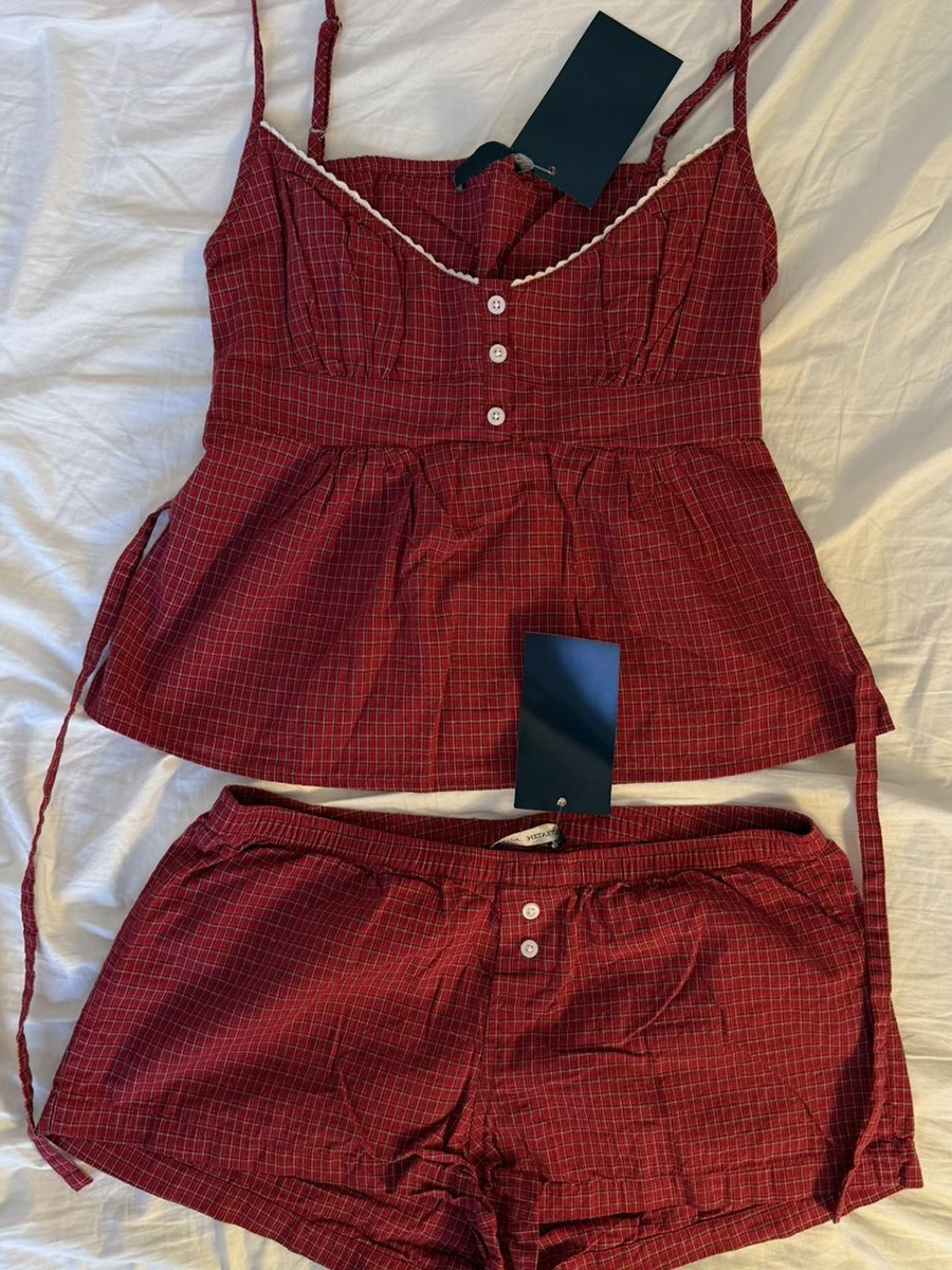 Red Plaid Buttons Tank Shorts  - đánh giá và giá Elastic Lace Trim