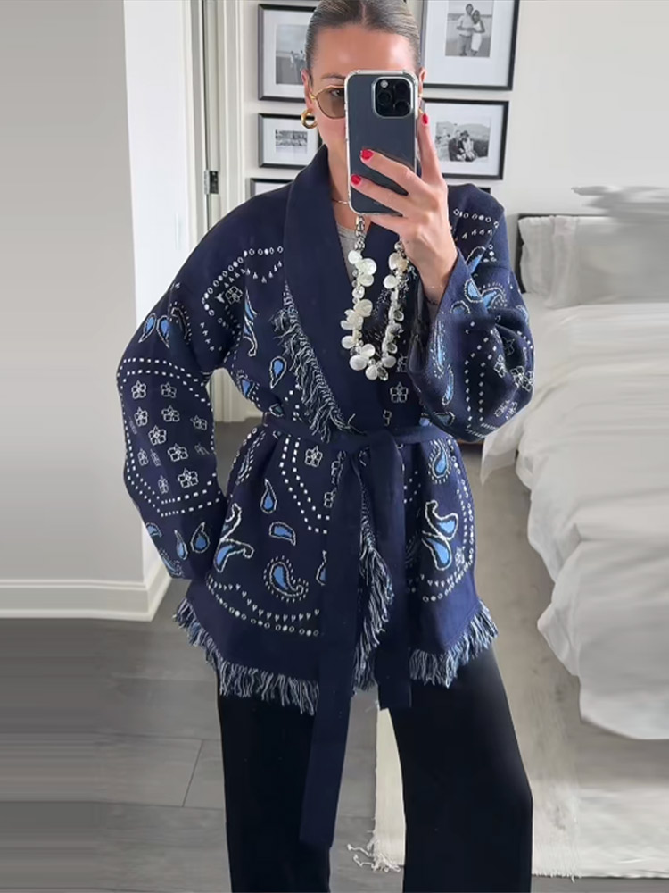 Elegant Print Tassel Cardigan  - đánh giá và giá Tassel Fringe Trim